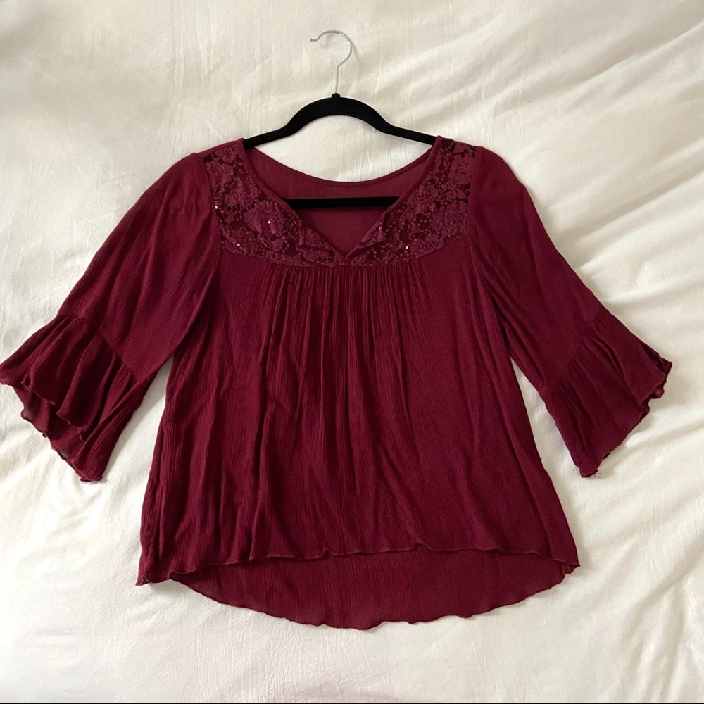 Red Chiffon Lace Sequin Peasant Top